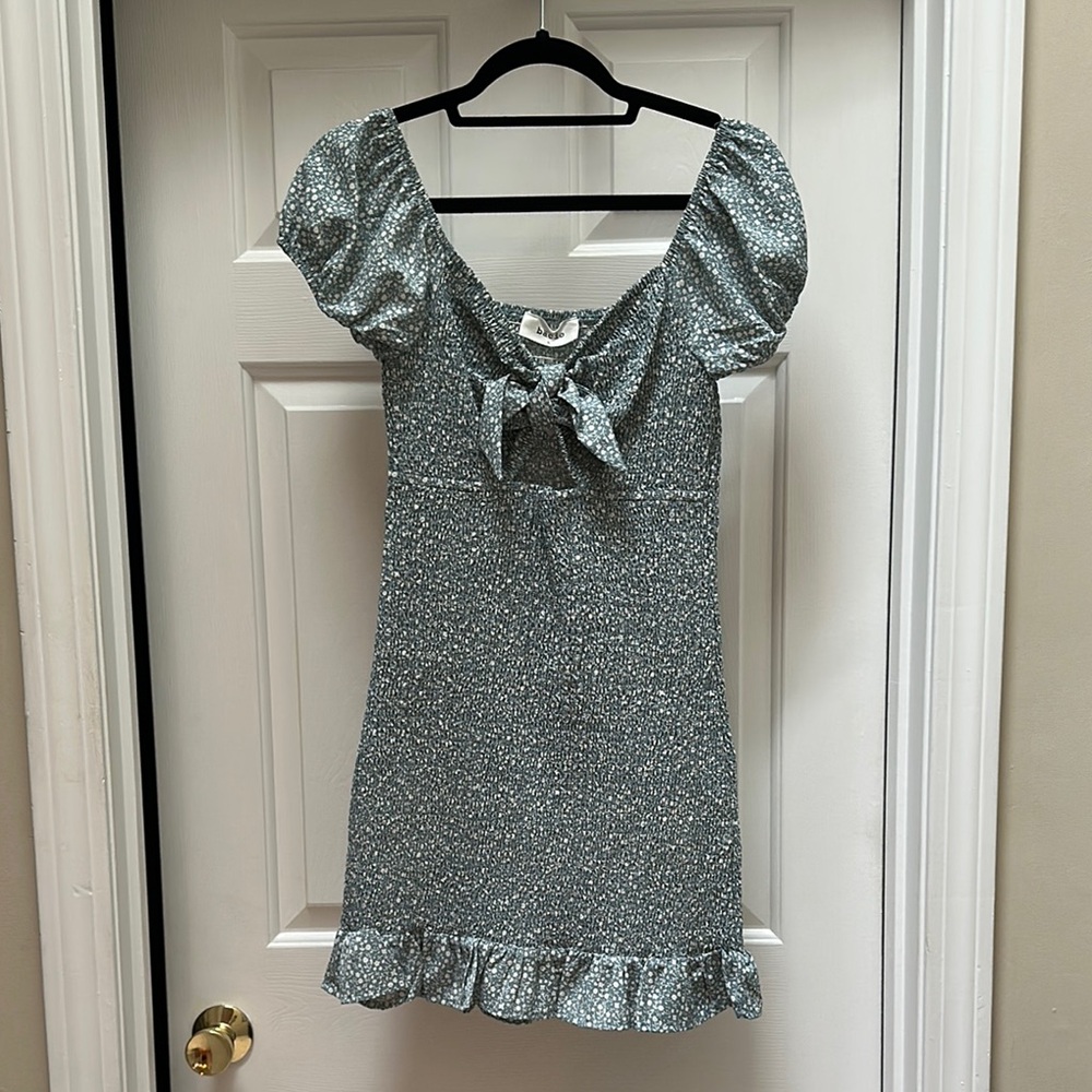 Blue and White Smocked Puff Sleeve Mini Sundress